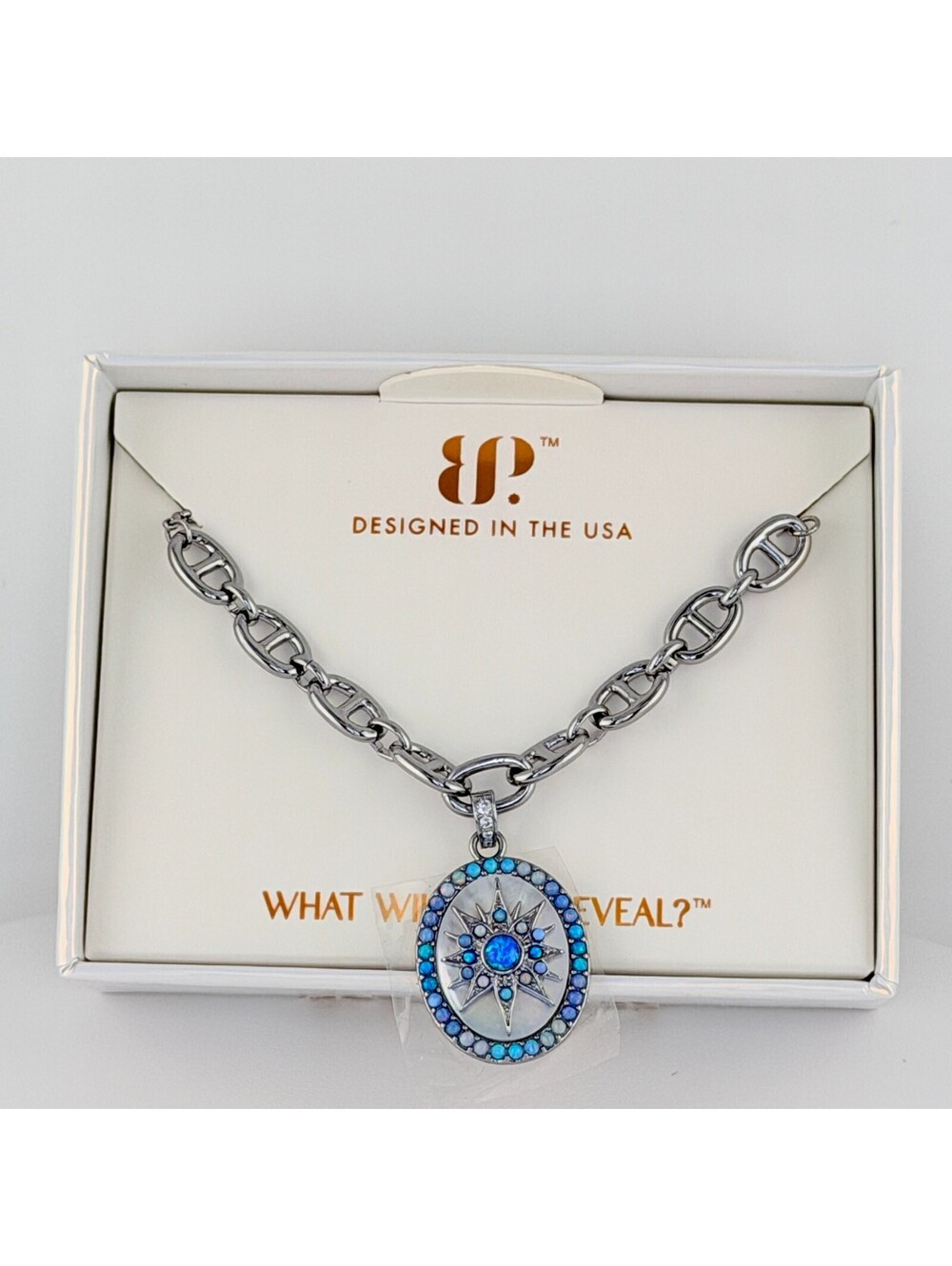 Bomb Party October Necklace "Her Moment" Blue Fire Opal & MOP on Hematite
